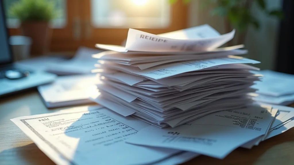 Stack of unsorted receipts and invoices causing chaos for a small business owner managing DIY bookkeeping