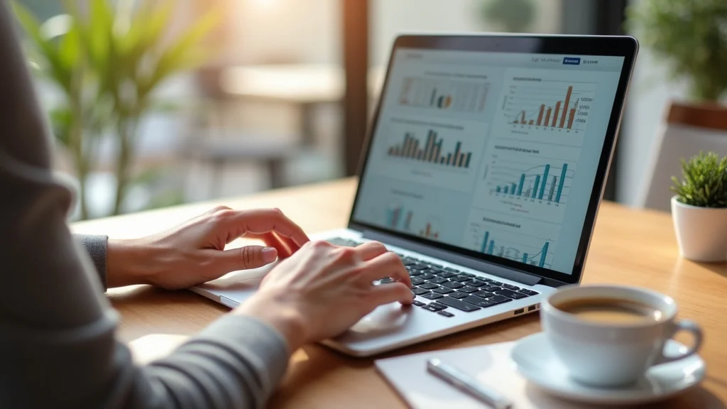 Hands typing on laptop with DIY bookkeeping software open, displaying spreadsheets and charts on screen