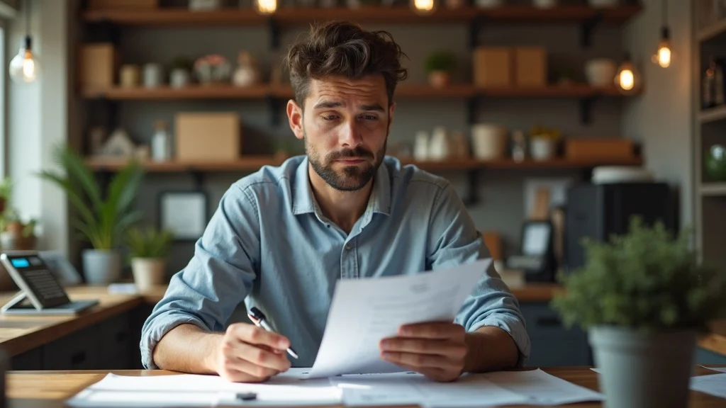 Thoughtful small business owner with calculator and pen reviewing a homemade spreadsheet, confused by DIY bookkeeping