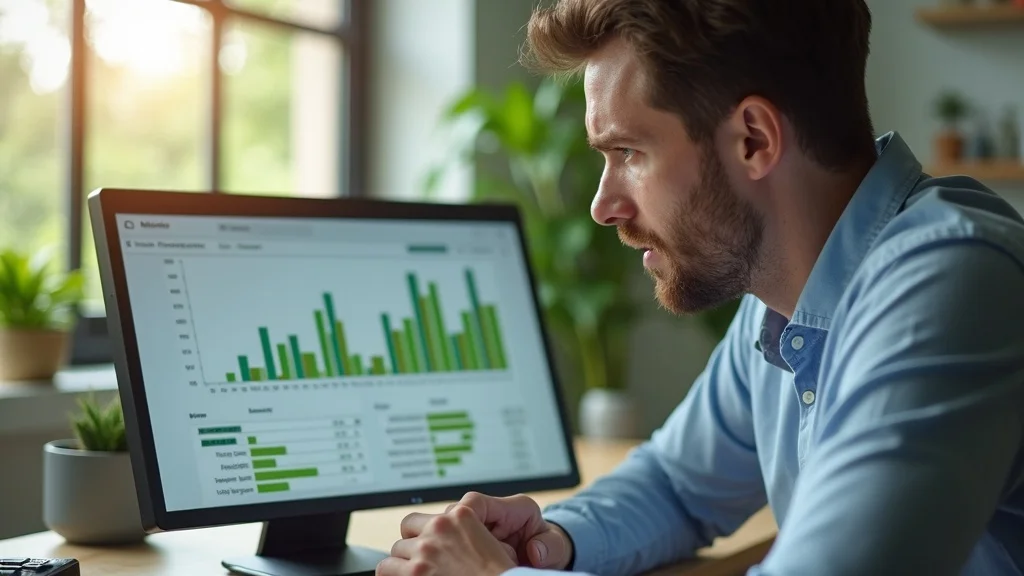 Worried entrepreneur reviews a digital cash flow chart while managing DIY bookkeeping in a bright small business office