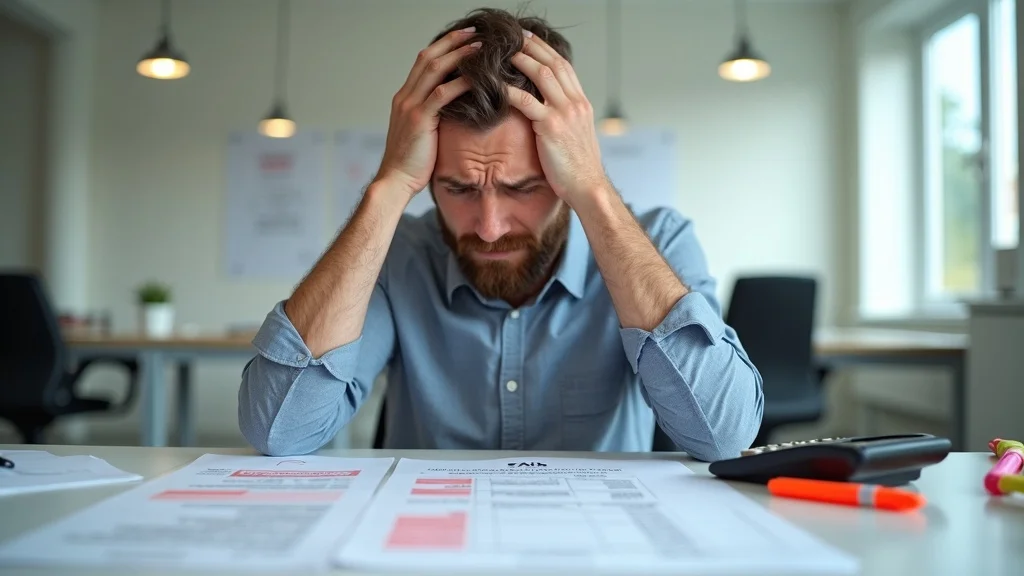 Frustrated business owner with tax documents piled on desk, illustrating stress from DIY bookkeeping errors at tax time