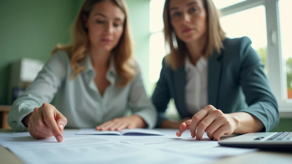 Tax professional and client reviewing tax documents for tax mistakes in a modern office