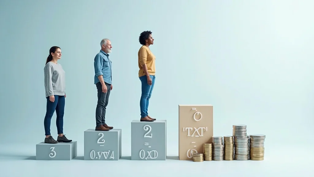 tax bracket system - Clear visual metaphor of progressive tax brackets, three diverse people on ascending steps, tax chart background