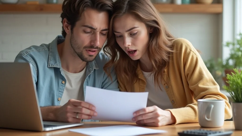 paying more in taxes - Young adult couple reviewing a surprising tax bill at kitchen counter, anxious and curious