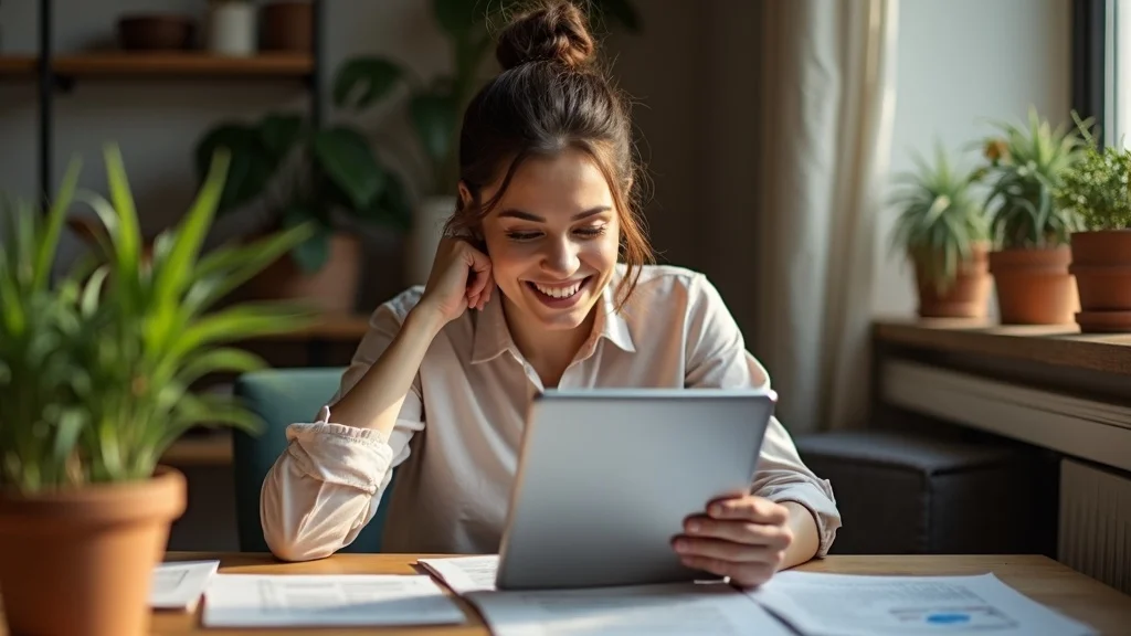Business owner reviewing tax planning and tax prep results on a tablet, relaxed and satisfied in home office