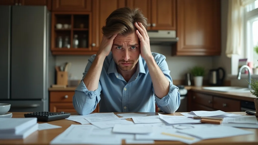 Worried taxpayer overwhelmed by disorganized tax documents during tax season