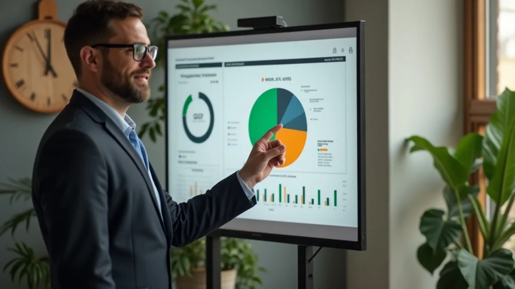 Business consultant explaining the 70/20/10 financial money rule using a pie chart to reduce business blind spots