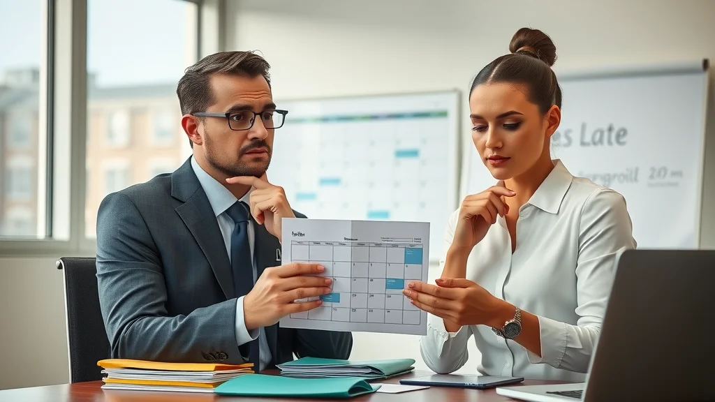 Timely and late payroll filings compared between business professionals discussing calendar deadlines