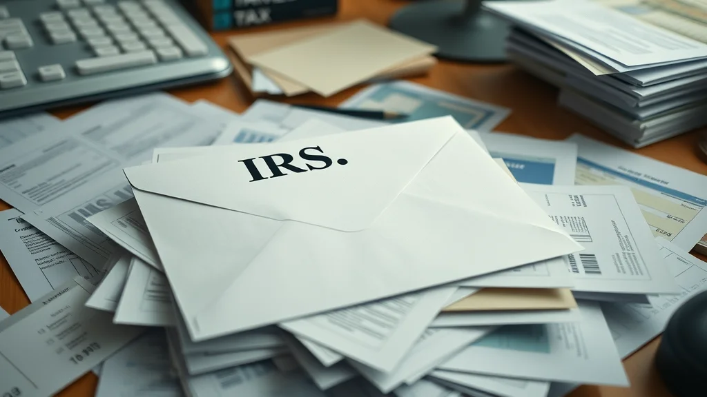 IRS envelope atop overdue payroll paperwork—risk of payroll tax penalties for late tax return filings.